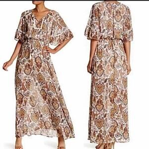 DR2 Womens Dress Sz S Paisley Maxi Dress Cottage Core Prairie Mustard Blue White